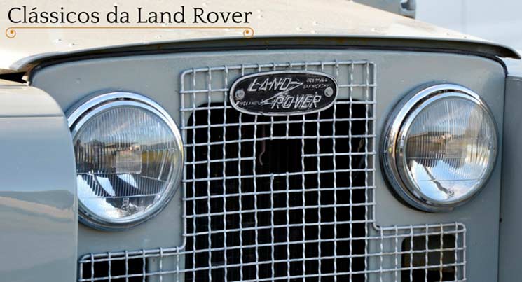 Imagem de uma frente de um carro antigo da land rover com a descrição "clássicos da land rover"