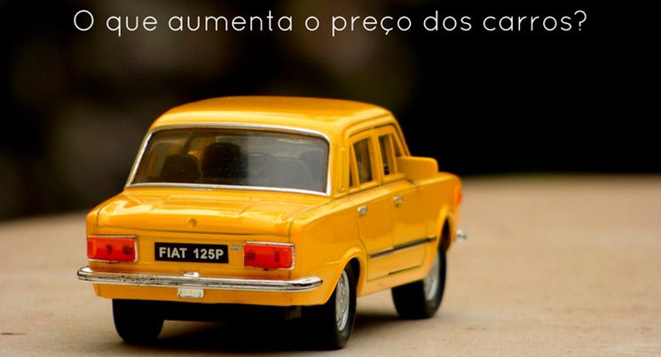 Imagem de um carro amarelo em miniatura com a descrição "o que aumenta o preço dos carros?"