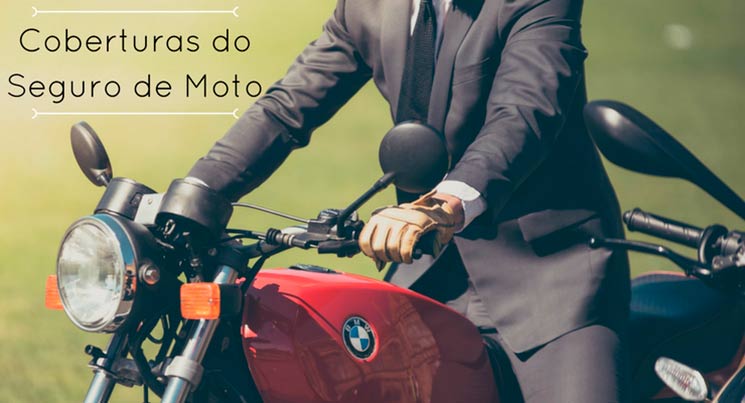 Imagem de uma moto da BMW vermelha com um homem de terno em cima. Descrição na imagem: coberturas do seguro de moto