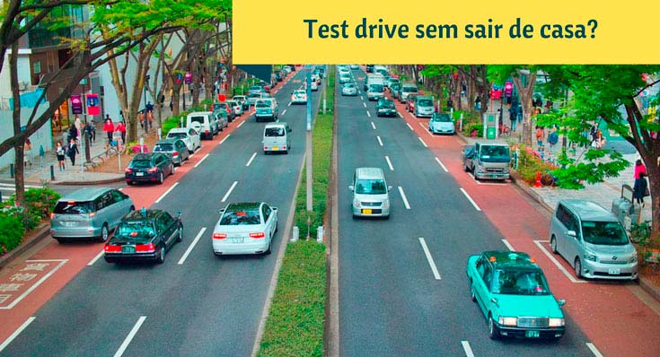 Imagem de uma avenida com diversos carros e descrição: test drive sem sair de casa