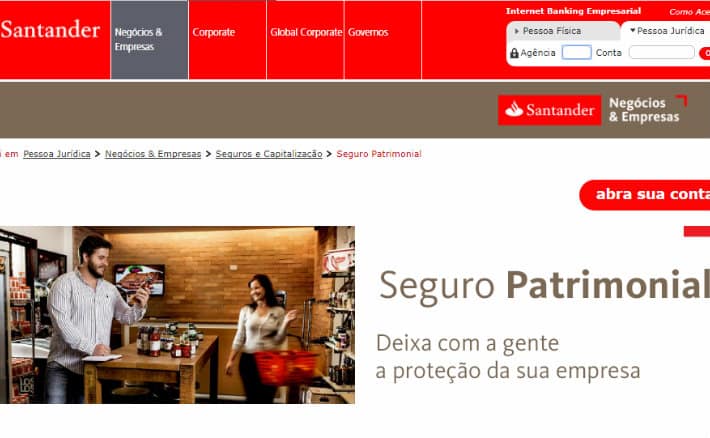 Imagem do site do seguro patrimonial Santander para ilustrar post sobre seguro empresarial Santander