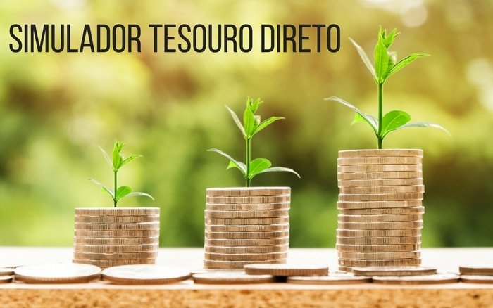 Imagem de três montes de moedas com plantas crescendo dela com a legenda: simulador tesouro direto